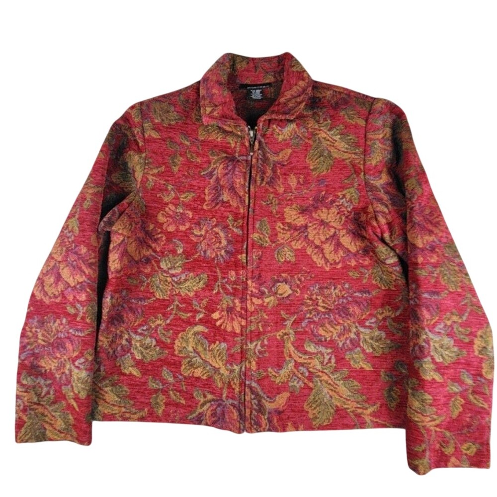 Portrait Jacket Womens Medium Red Floral Tapestry Zip Front Pockets Tweed